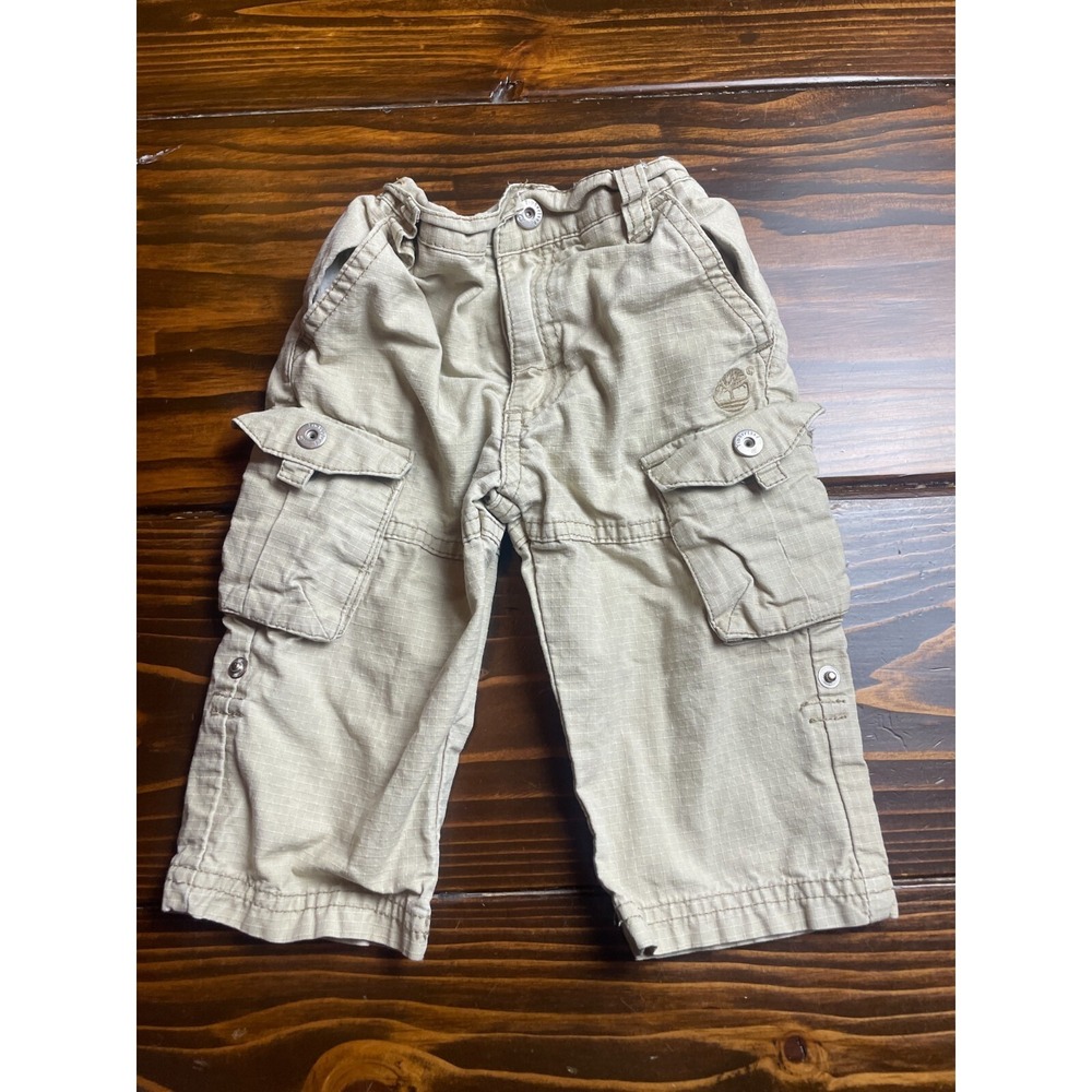 Timberland Cargo Pants Baby Boy Size 12M Tan Roll Tab Adjustable Waist Snaps
